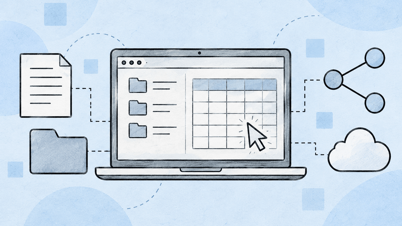 Laptop, folders, spreadsheet, cursor, and connected nodes