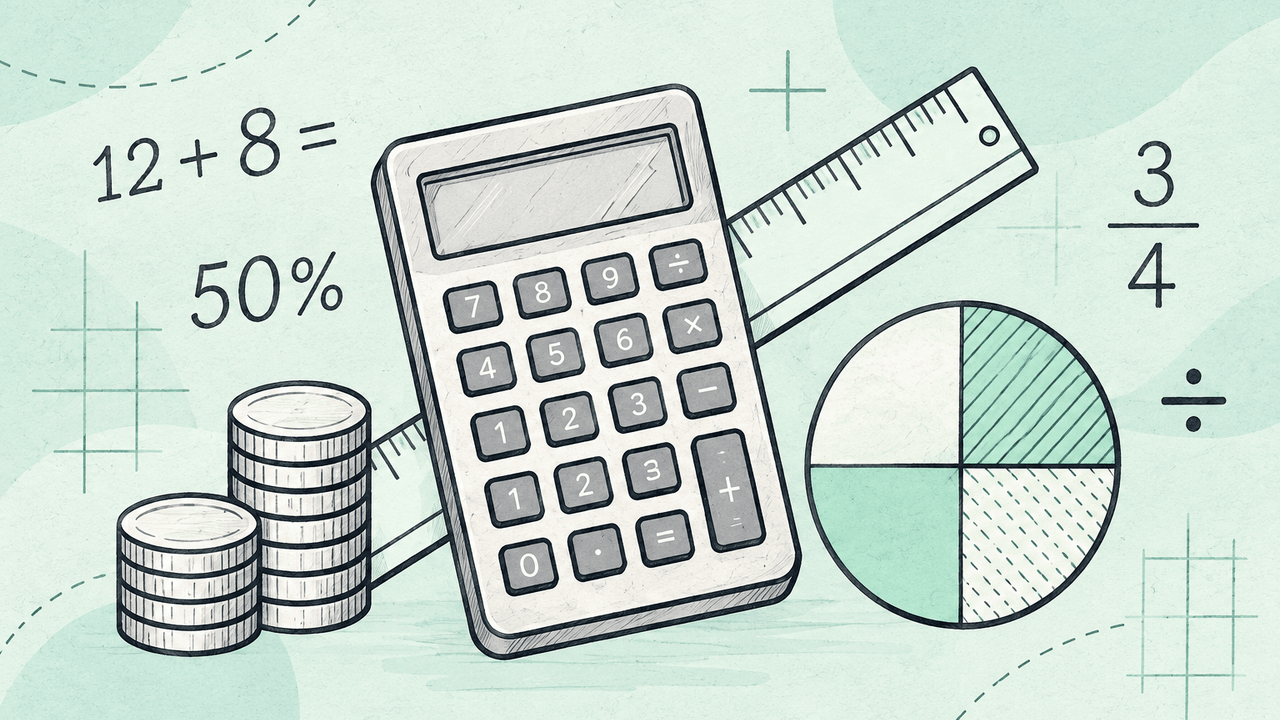 Calculator, ruler, coins, fractions, and equations