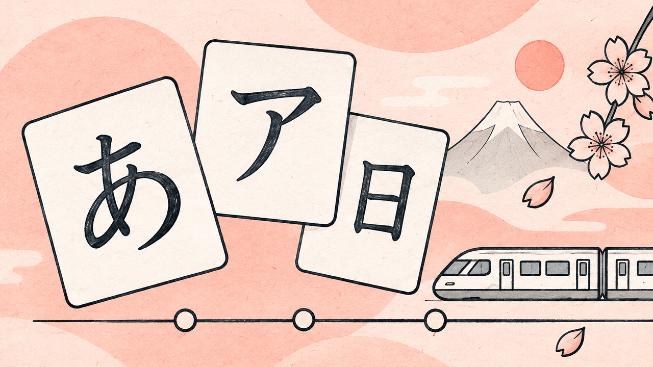 Japanese character cards and a train-line illustration