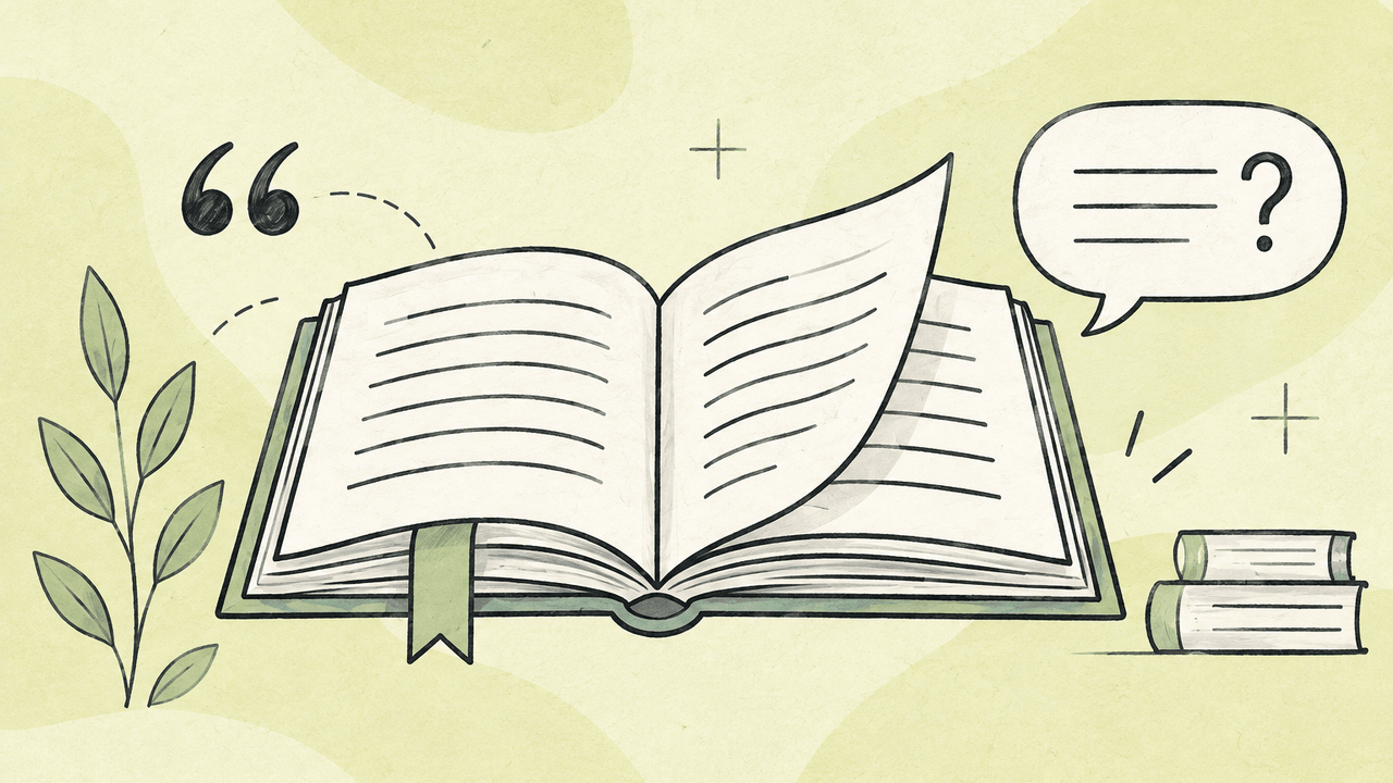 Open book, bookmark, and comprehension speech bubble