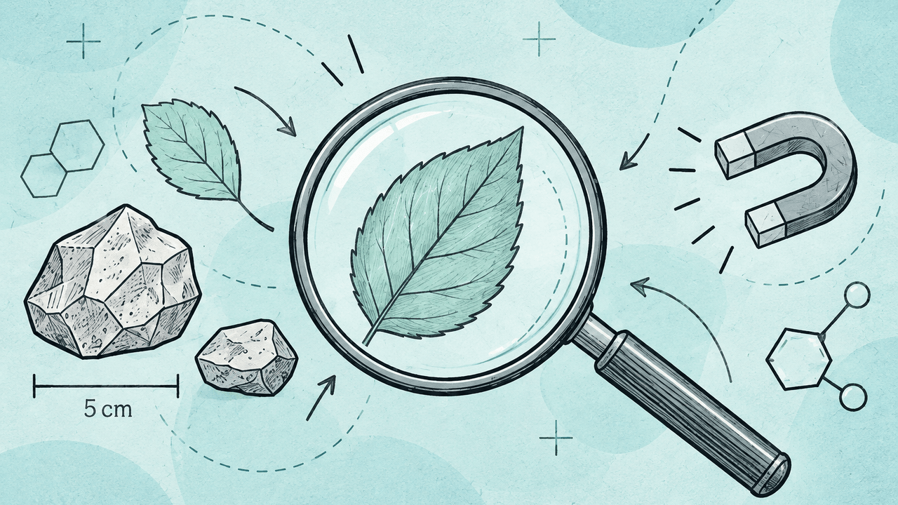 Magnifying glass, leaf, rocks, magnet, and observation marks