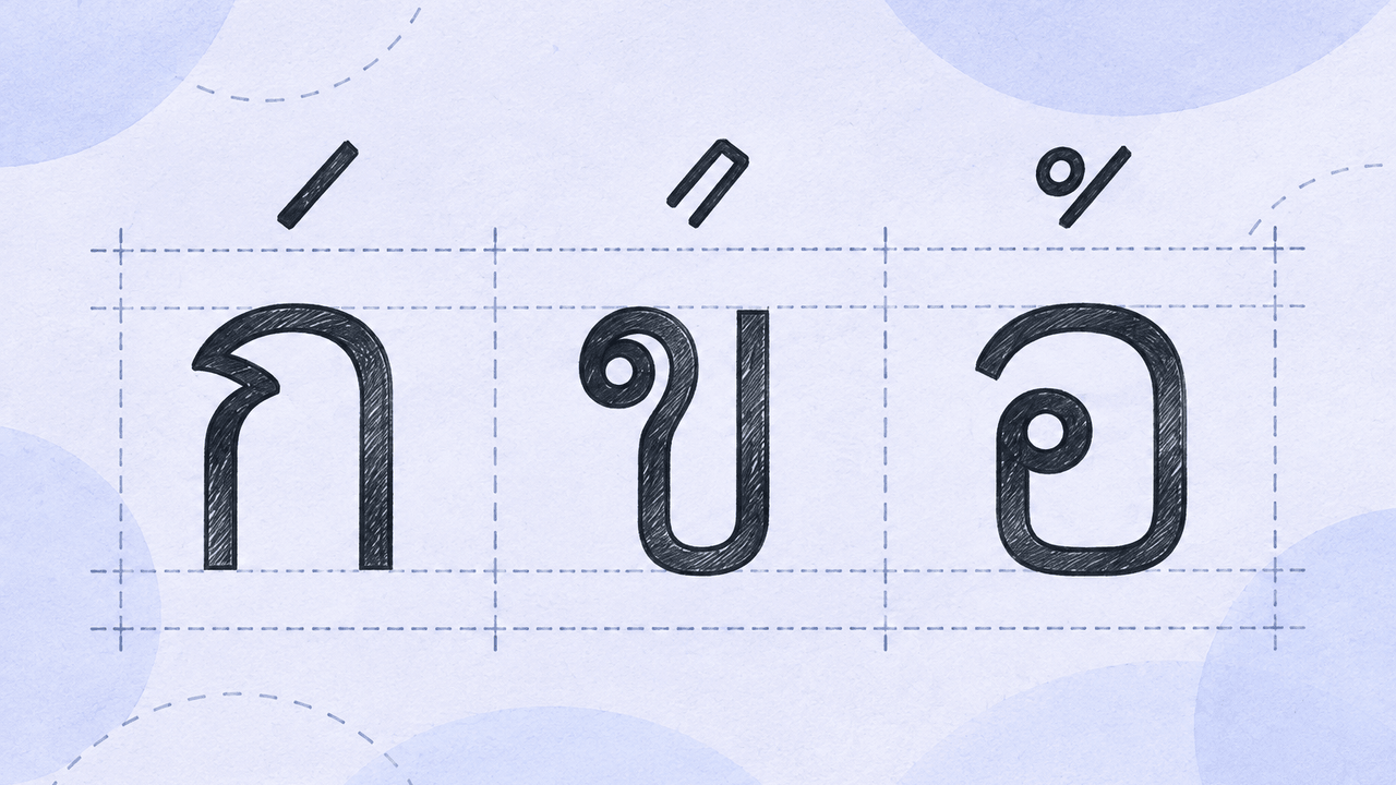 Thai characters arranged on handwriting guide lines